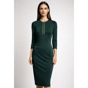 Just Cavalli Dress Midi Long Sleeve Wiggle Green Size 46 Italy US 10 12